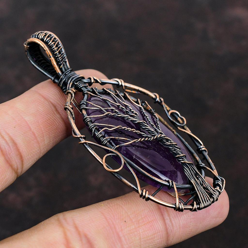 Кулон Древо Жизни Звезда Аметист Медь Медный Кулон с Драгоценным Камнем, Обмотанный Медной Проволокой Медные Дизайнерские Украшения Подарок для Нее Аметистовые Украшения из Проволоки