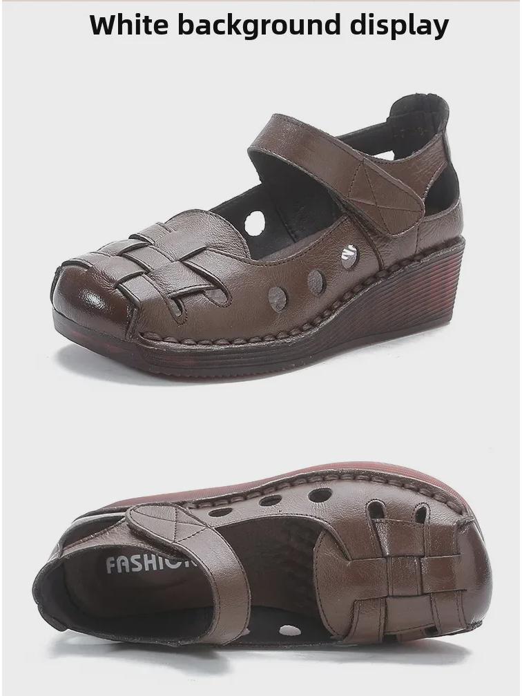 Women's Genuine Leather Thick-Soled Roman Sandals - High-Heel, Breathable, Comfortable for Mothers