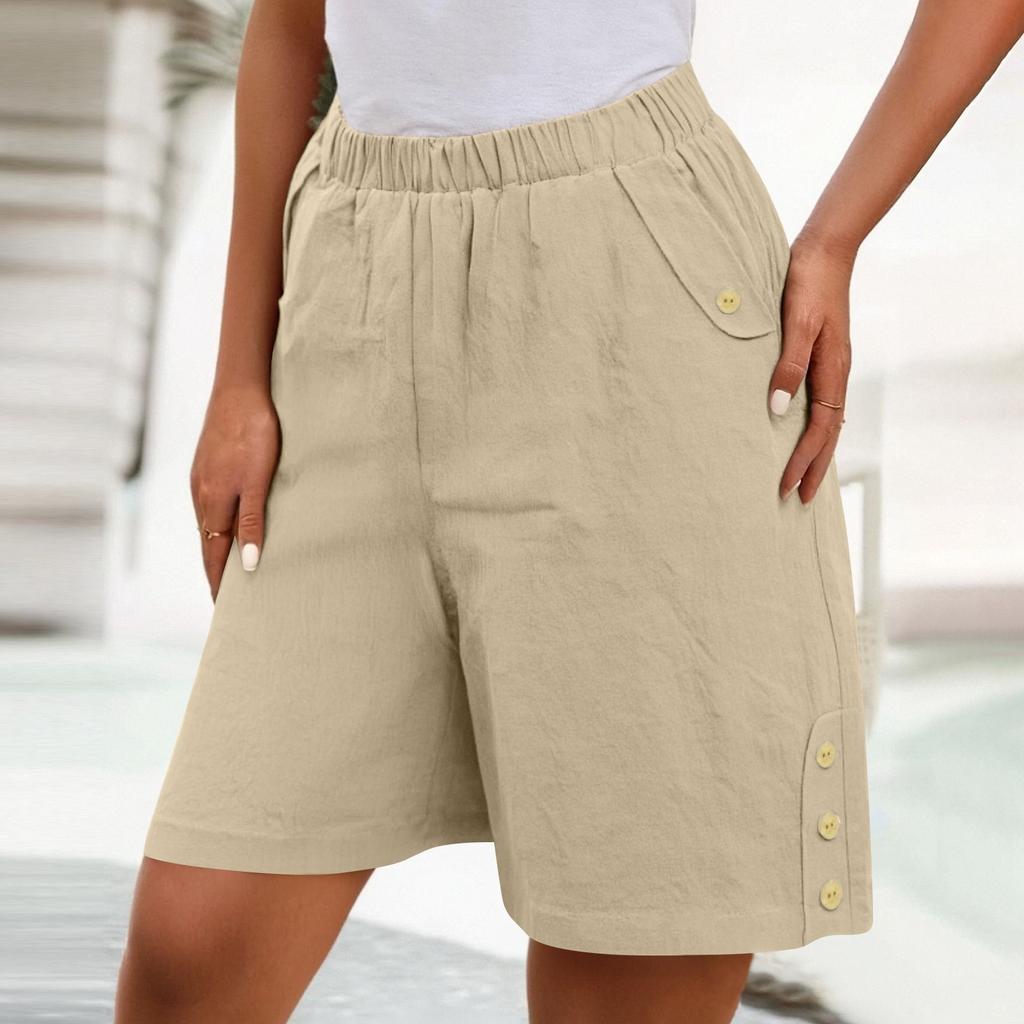 Шорты-бермуды для женщин, широкие льняные шорты длиной до колена, летние повседневные длинные шорты, свободные, с высокой талией, с карманами