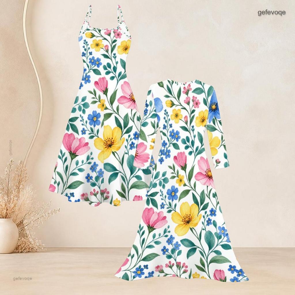 Women Plus Size Floral Print 2 Piece Set V Neck Strappy Flared Dress Long Sleeve Open Front Cardigan