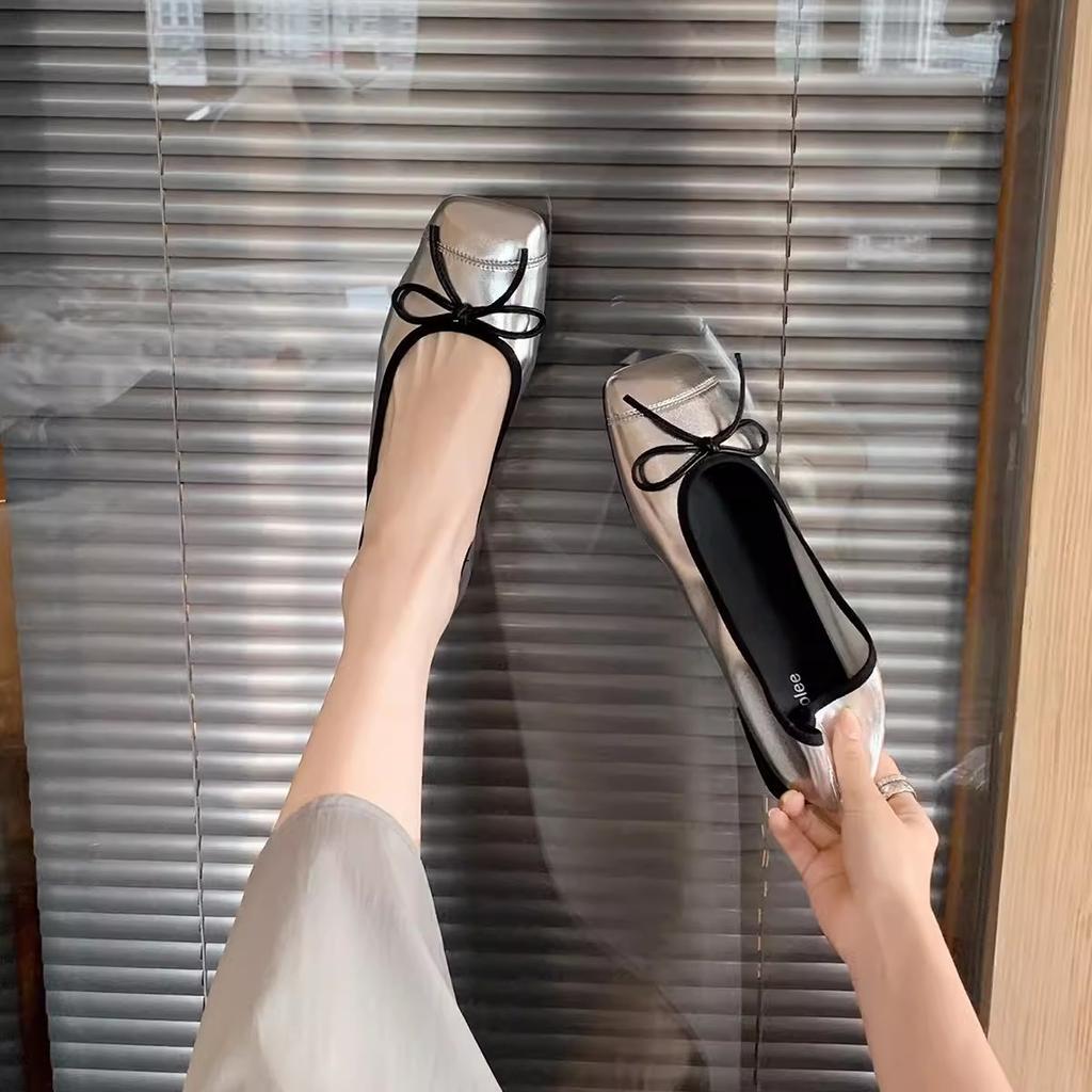 Sheepskin Version~ Genuine Leather Retro Flat-bottomed Ballet Shoes Women's Head Pedal Bow Single Shoes Grandma Shoes