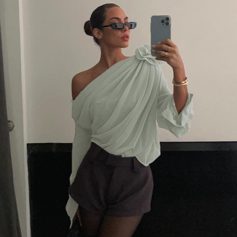 Trendy Chiffon Floral Mesh Off-Shoulder Long-Sleeve Top for Women