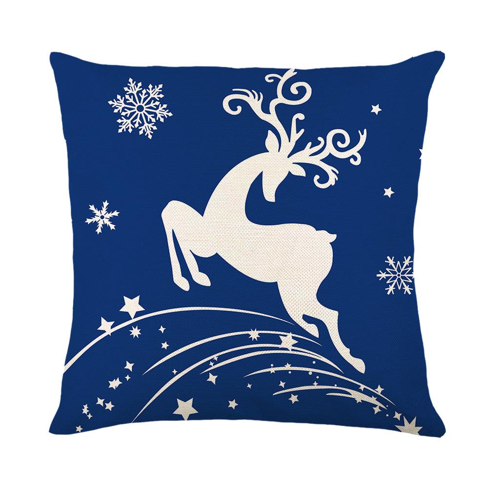 Blue Christmas Ornament Cushion Cover Printed Bear Snowflake Elk Santa Claus Tree Merry Christmas Lettering Linen Pillowcase