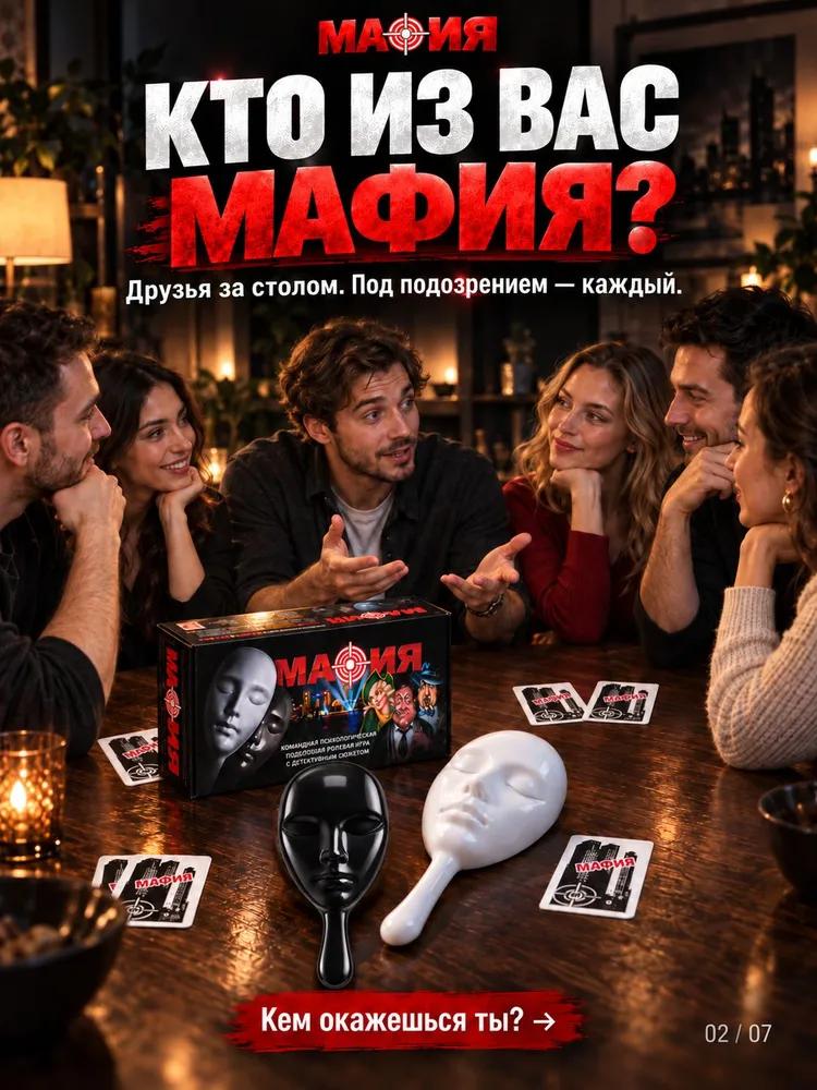 Настольная игра мафия с масками в коробке, ролевая игра для всей семьи или большой компании: 10 пластиковых масок, 20 игровых карт, 10 ролей