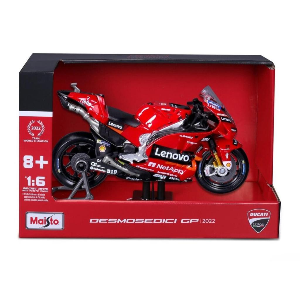 Maisto 1/6 Scale Ducati Lenovo Racing Ducati Desmosedici GP #63, Francesco Bagnaia, 2022 MotoGP World Champion, Diecast Model Car, 32229