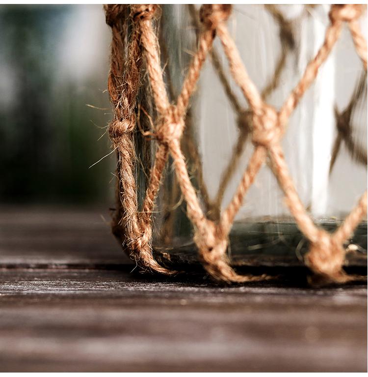 Retro Dried Flower Arrangement Glass Vase with Hemp Rope – Transparent Desktop Ornament for Home Decor