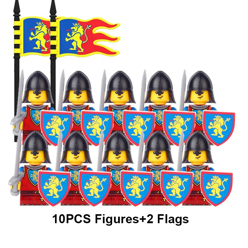 Европейские средневековые военные фигурки рыцарей и солдат, строительные блоки, флаги крестоносцев, оружие, щит, меч, шлем, игрушки в сборе