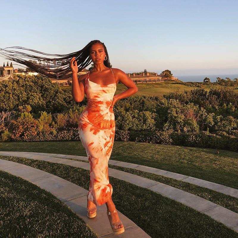 Принт Мода Сексуальные Платья Миди Без Спины на Шнуровке Без Рукавов Клубная Вечеринка Праздничный Сарафан на Бретелях-Спагетти