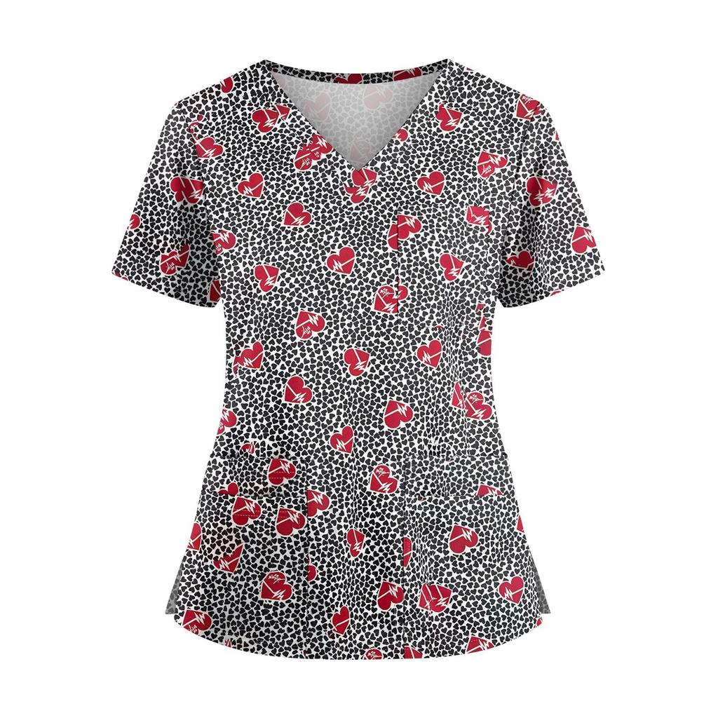 Плюс размерСкраб с принтом Рабочая форма Топы для женщин Крест V-образным вырезом Хэллоуин Принт с короткими рукавами Забавные футболки Спецодежда Футболка с карманами