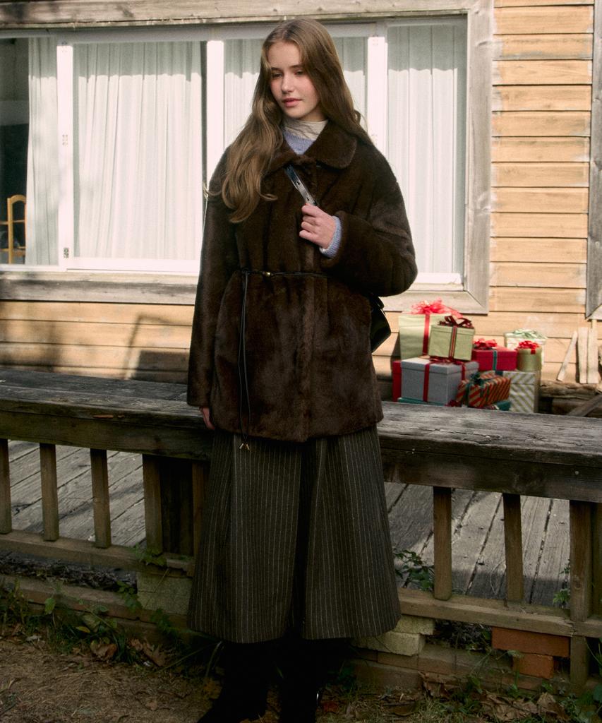 Lememe Cannelle Belted Fur Half Jacket Deepbrown