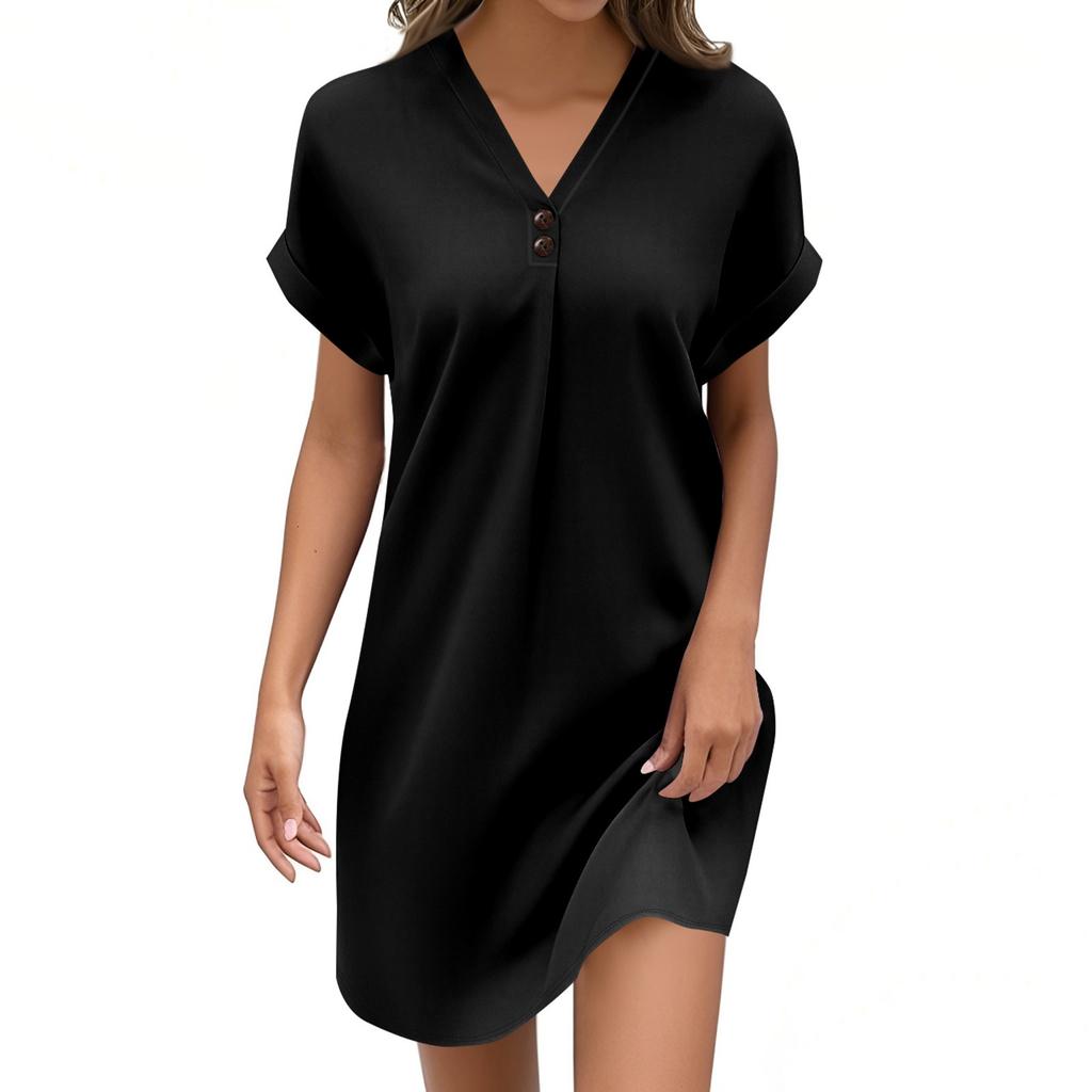 Women's Fashion V-neck Solid Color Pullover Casual Button Dress