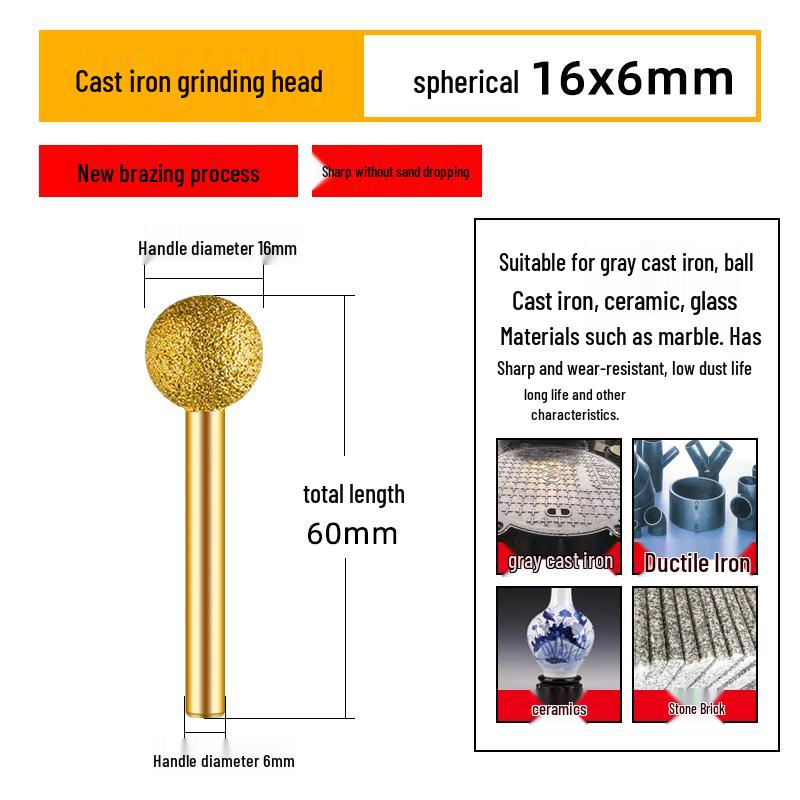 Diamond Brazed Carbide Grinding Head for Ductile Iron & Stone, Compatible with Electric Drills