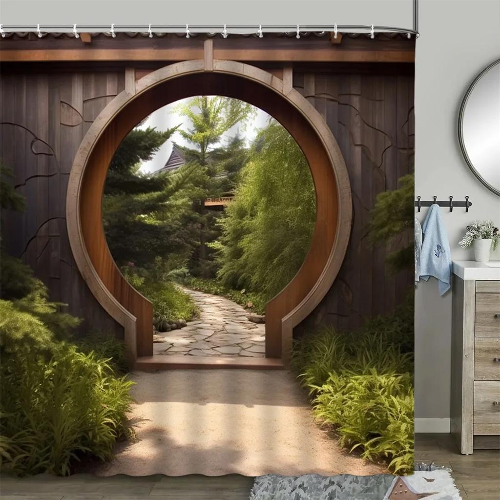 Шторка для душа в китайском стиле, винтажная деревянная доска, садовая постройка, зеленые растения, бамбуковый узор, декор для ванной комнаты, комплект штор