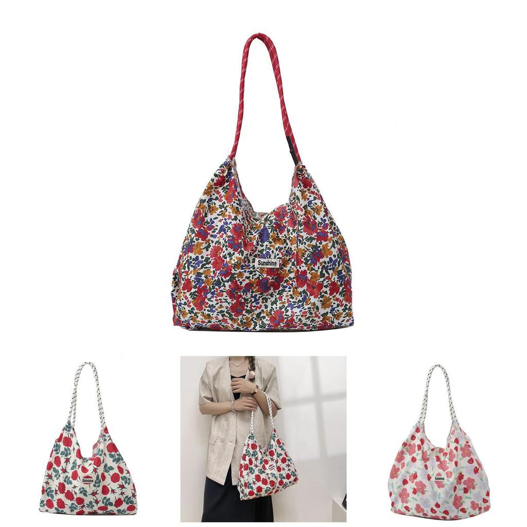 Floral Canvas Tote Bag Large Capacity Casual Shopper For Daily Use