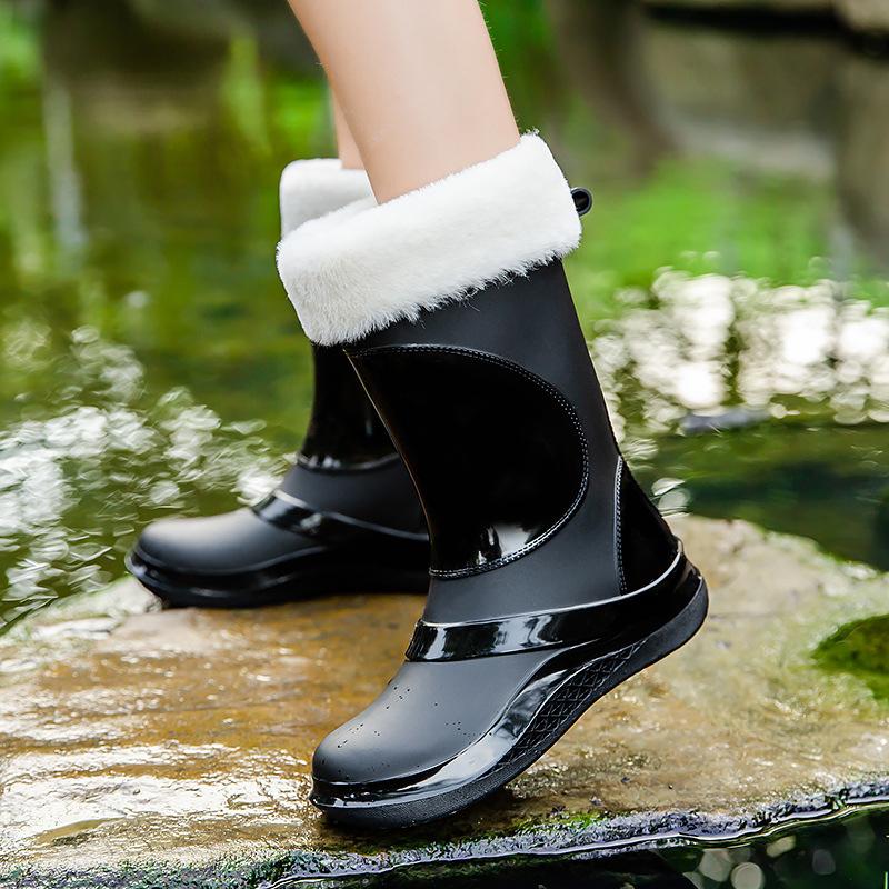 Модные женские модные сапоги средней длины, резиновые, водонепроницаемые, нескользящие, резиновые сапоги, для работы на открытом воздухе, хлопковые, водонепроницаемые, кухонные сапоги