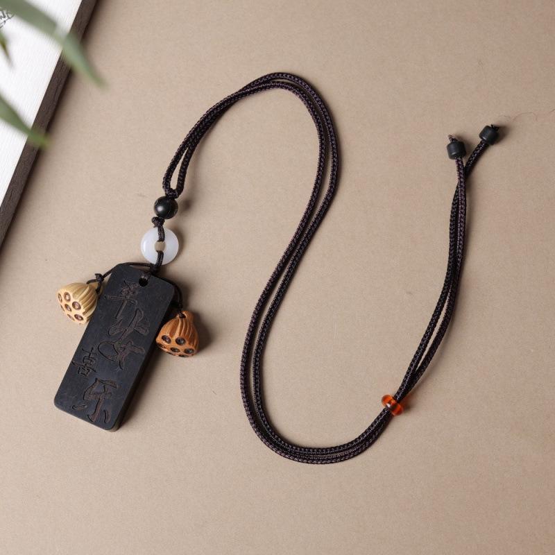 Jujube Wood Carved Mountain Ghost Necklace with Bagua Buckle and Seven Star Coin Pendant