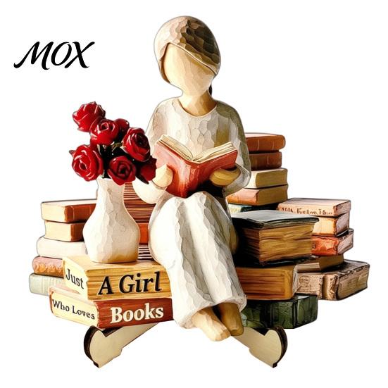 Wooden Girl Figurine for Bookshelf Reading Figurine, Stable Pastoral Style Statue Desktop Exquisite Decor Decor, Artistic Healing Ornament,