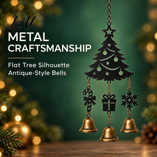 Indoor Festive Metal Art Christmas Wind Chime with Bells Vintage Santa/Snowman/Deer/Bell/Wreath Iron Seasonal Home Atmosphere Decor Hanging Ornament