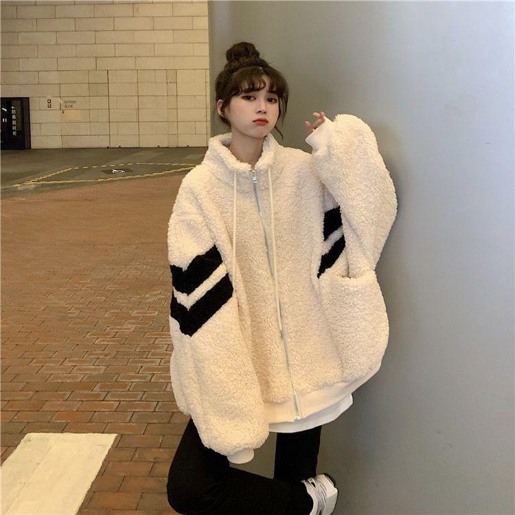 Осень-зима женская куртка с капюшоном на молнии уличная рубашка пальто искусственная овечья шерсть свободный кардиган свитер одежда Y2k