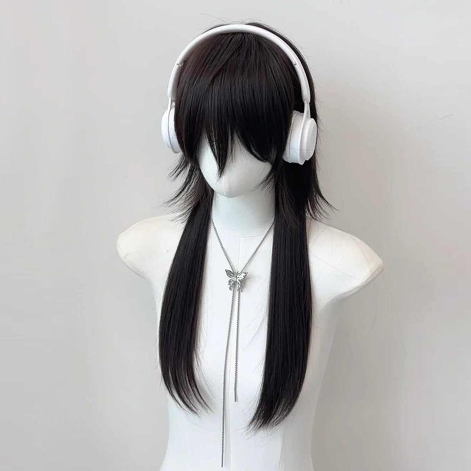 Черный длинный прямой синтетический парик с кефалью, волчий хвост, многослойный пушистый женский и мужской парик для повседневной вечеринки, парик для косплея Лолиты