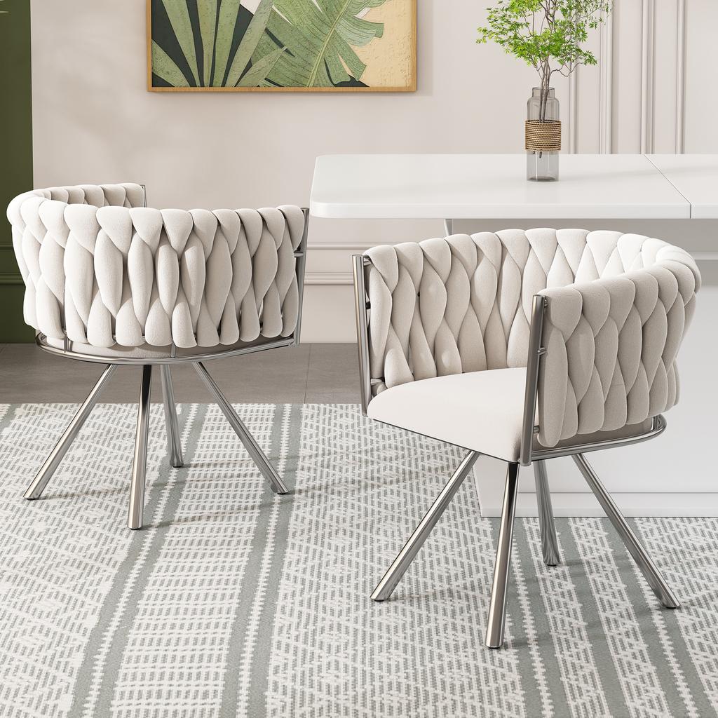 Velvet Dining Chair, Set of 2, Single Light Luxury Living Room Bedroom Swivel Chair, Leisure Swivel Chair with Four Metal Support Legs, Beige+Silver