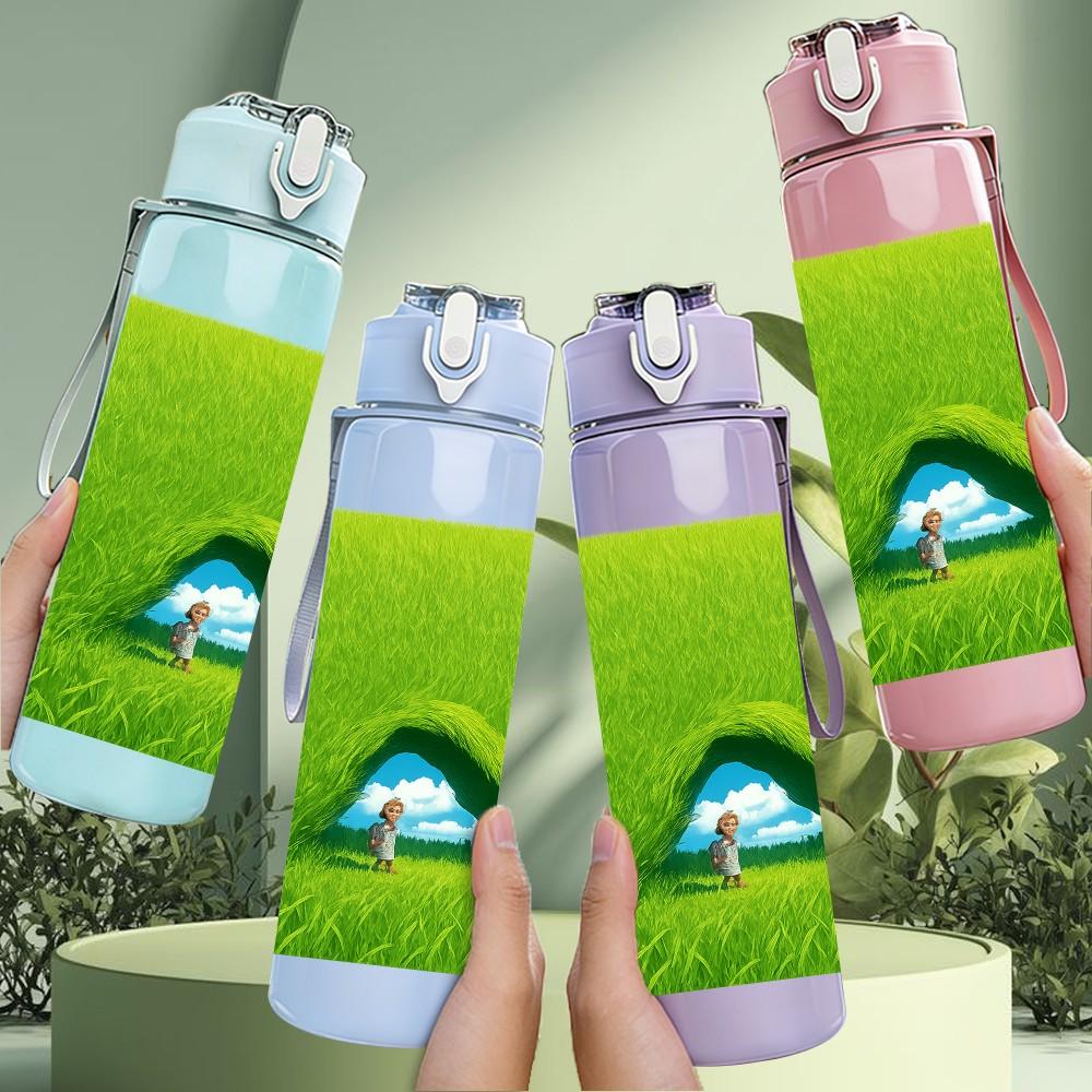 1PC Green Hill Hole Landscape Art 750ml Color Plastic Sports Water Bottle Leakproof Flip Straw Lid Suitable for Sports Office Home Use