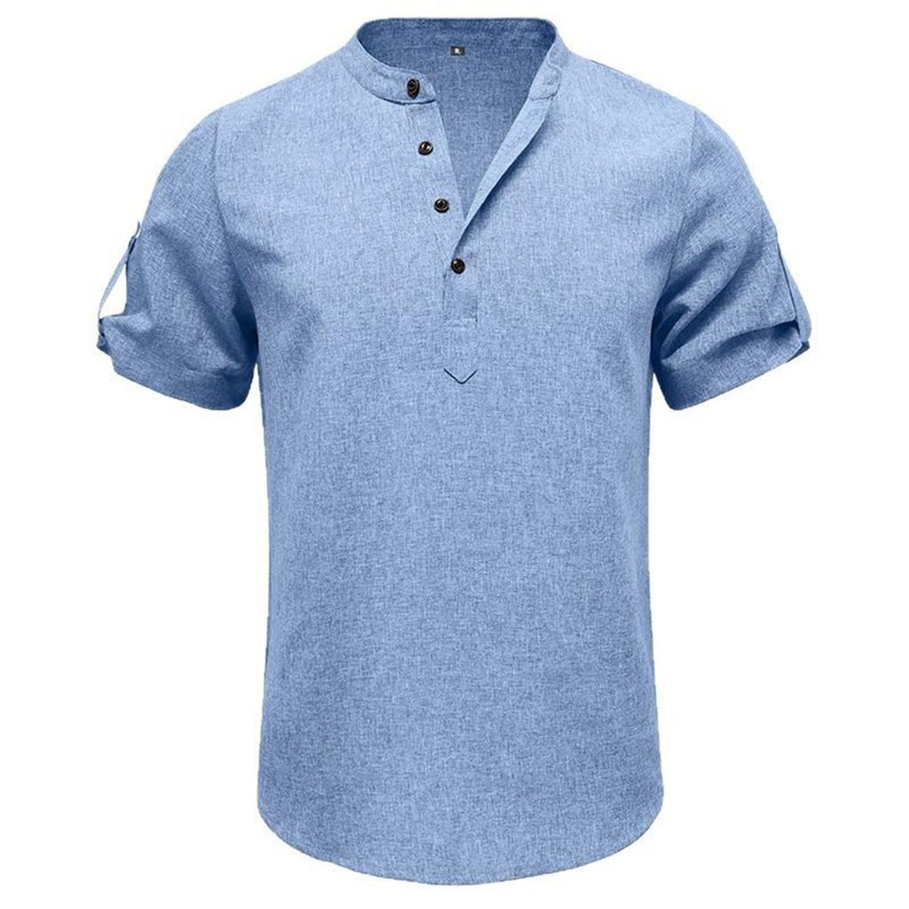 Мужская повседневная рубашка с короткими рукавами и воротником-стойкой, модная