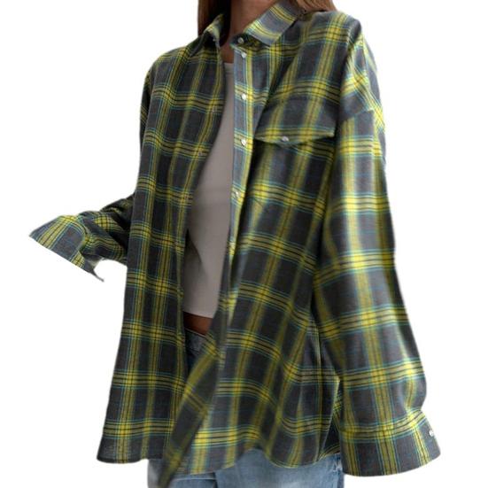 Женская осенняя рубашка с лацканами, однобортная рубашка с длинным рукавом, топы, клетчатый принт, свободная рубашка с накладным карманом, уличная одежда