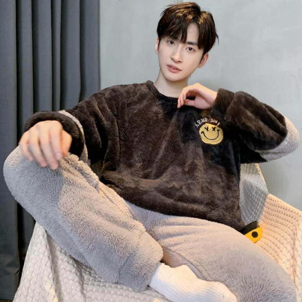 2025 Winter New Plush Man Pajamas Set Thickening Round Neck Long Sleeve Sets for Man 2 Pieces Senior Printing Pijamas Set for Man