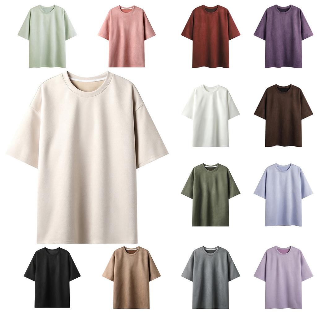 Men's Summer Trend Solid Color Suede Loose Round Neck Pullover Short-sleeved T-shirt