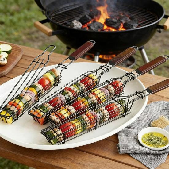 Мини-корзина для гриля с деревянными ручками, антипригарная клетка-вертел для курицы и овощей