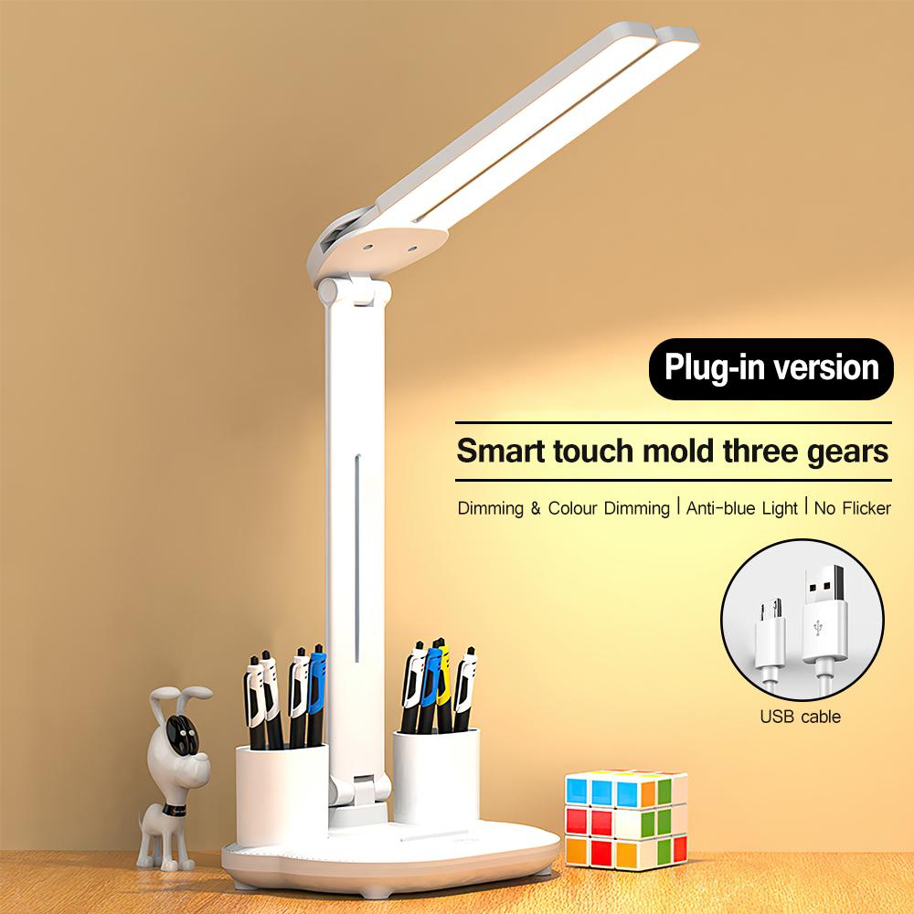 LED Clock Table Lamp USB Chargeable Dimmable Desk Lamp 2 Heads 180 Rotate Foldable Eye Protection Reading Night Light