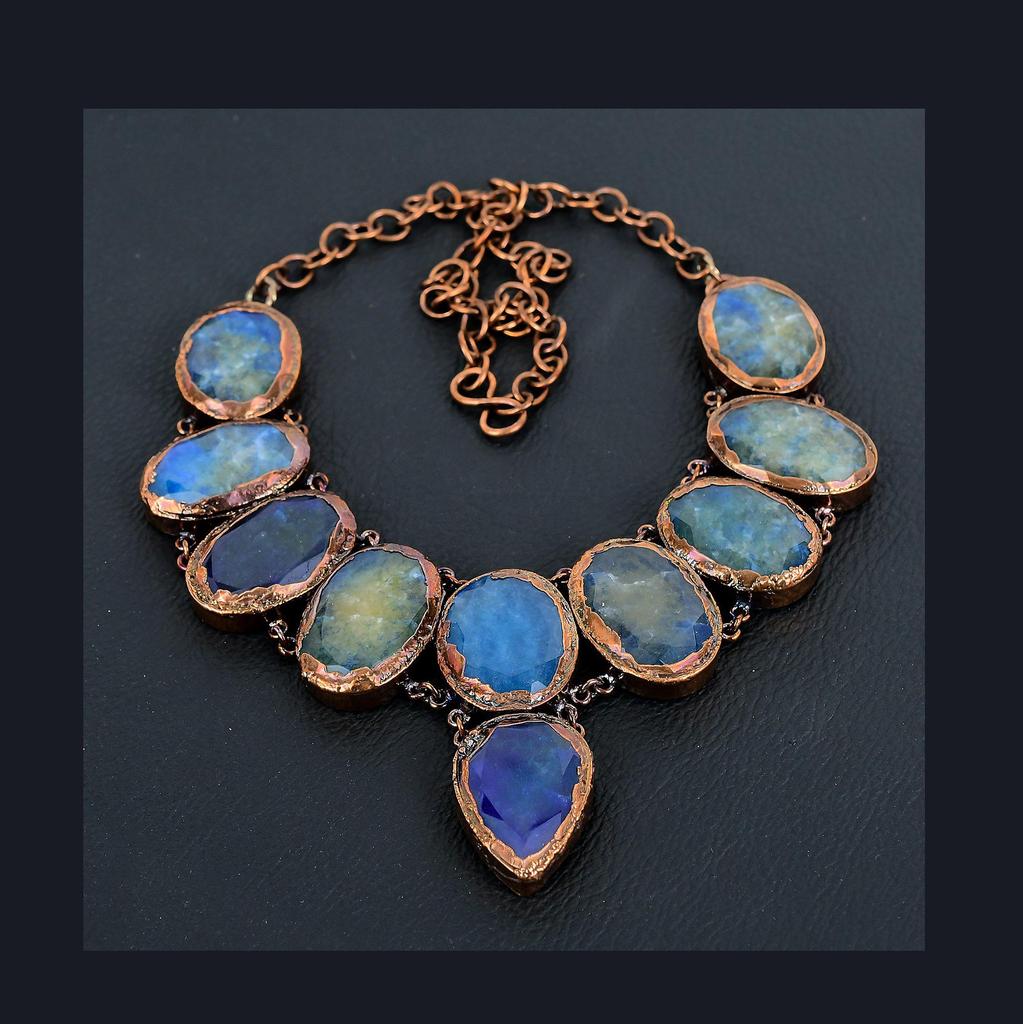 Blue Sapphire Necklace, Handmade Gemstone Necklace, Copper Electroformed Necklace Antique Jewelry, For Engagement Gift
