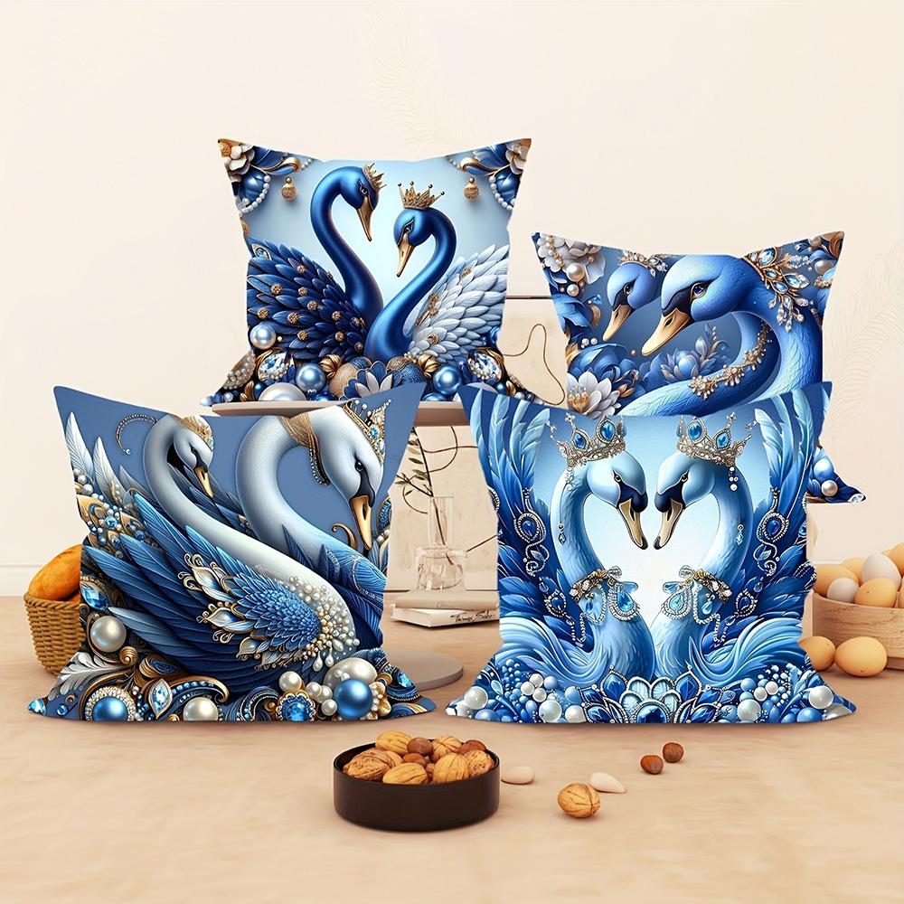 Exquisite Blue Swans Adorned with Jewels Pillowcases for Luxurious Comfort Sofa Cushion Cover Home Room Decoration