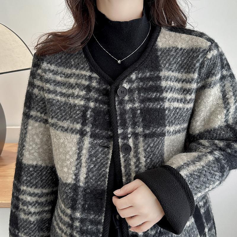 Повседневные клетчатые куртки с круглым вырезом женские винтажные свободные теплые однобортные куртки с карманами женские пальто весна осень универсальная верхняя одежда