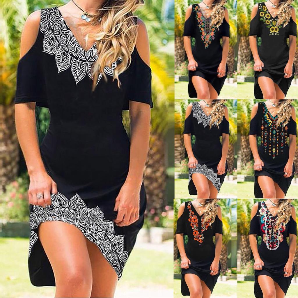 Женское летнее сексуальное платье без бретелек с принтом и коротким рукавом с v-образным вырезом