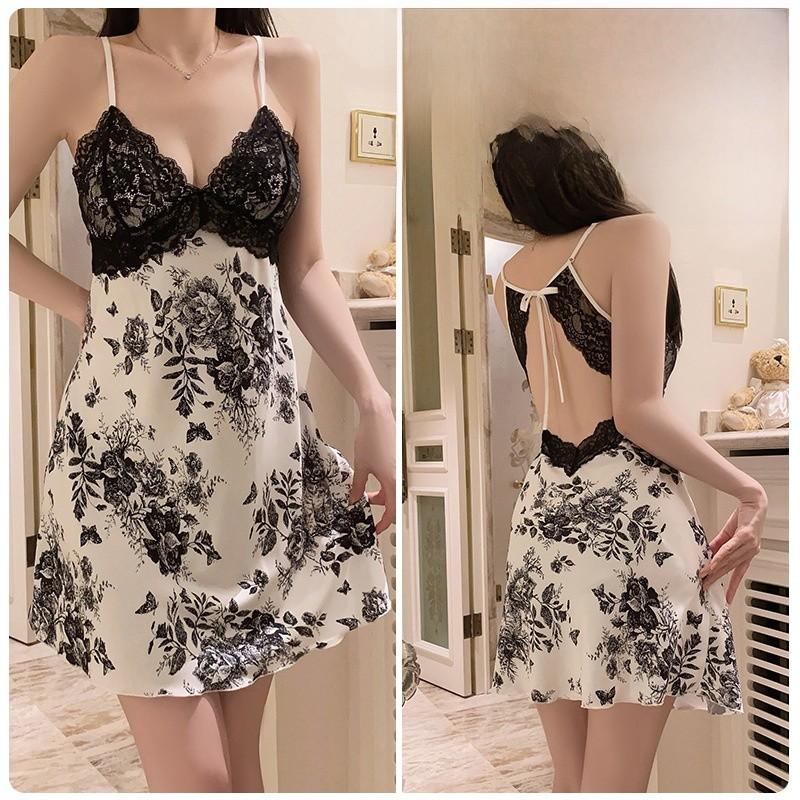Satin Lingerie Set With Deep V Neck And Padded Sleeveless Nightgown For Home Use
