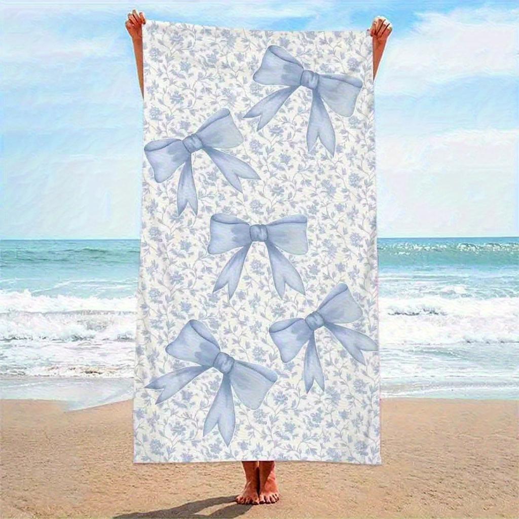 Floral-Printed Beach Towel with Delicate Blue Bows Super Soft Microfiber Large Rectangular Towel for Beach Pool Summer Days