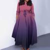 Women's Casual Fashion Large Size Gradient Printing Round Neck Three-quarter Sleeve Pocket Straps Swing Dress