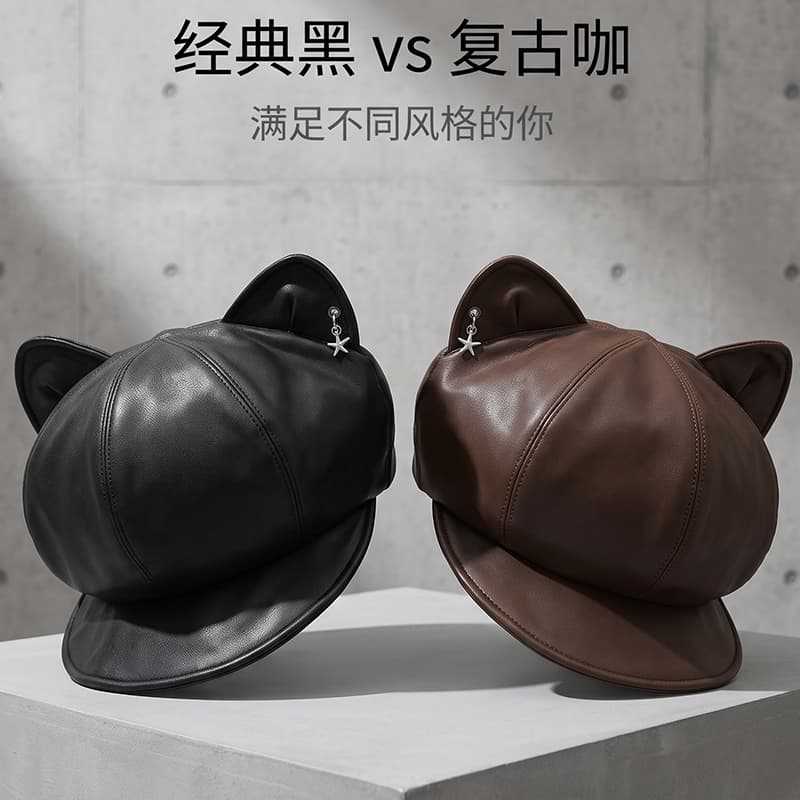 Autumn and winter retro cute hat women's sweet and cool versatile cat ears octagonal hat plain face newsboy hat