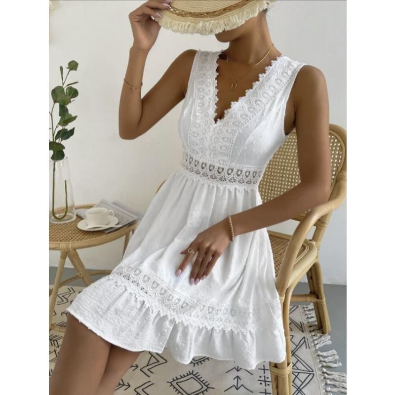 Fashion V-Neck Women Lace Splicing Summer Dress Sexy Backless Casual Elegant A-line Party Short Dresses Female Loose Simple Women's Clothing