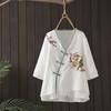 Embroidery Retro V-Neck Shirt Women's Summer Blouse with Buttons
