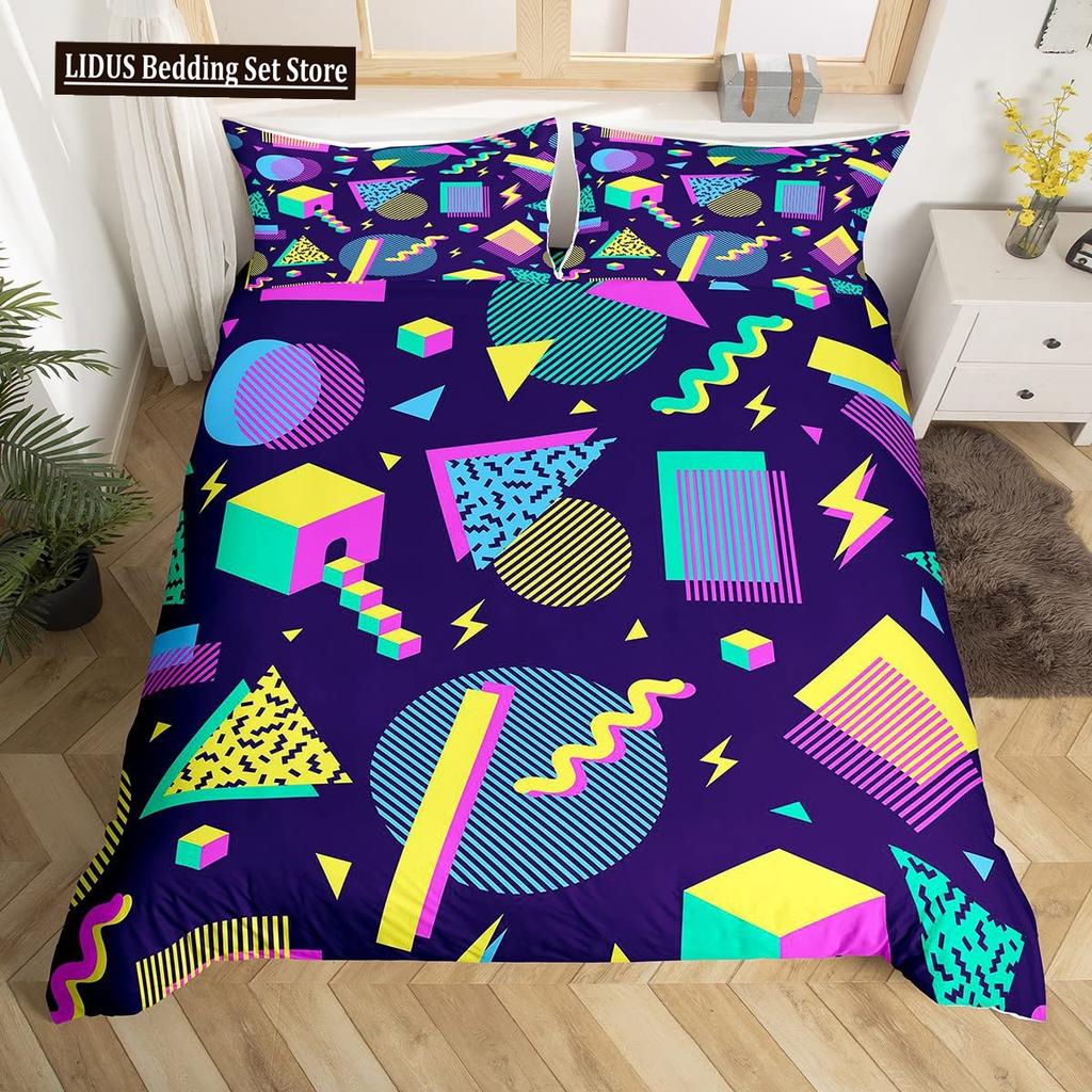 Retro Memphis Style Duvet Cover Set Galaxy Fashion Style Geometric Shapes Bedding Set Full,Hipster Old Fashioned Comforter Cover