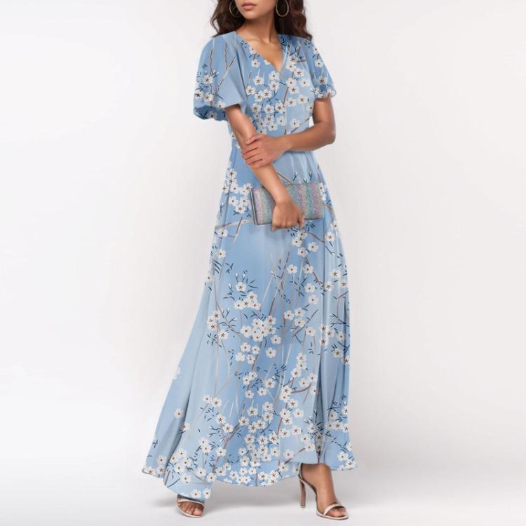 Maxi Dresses Casual for Women Summer Elegant Cute Flowing Wedding Guest Short Sleeve Chiffon Floral Dresses