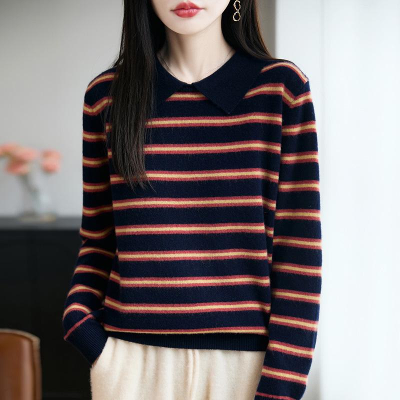 Women's Retro Wool Stripe Lapel Sweater - Polo Collar Knitwear for Autumn/Winter Styles