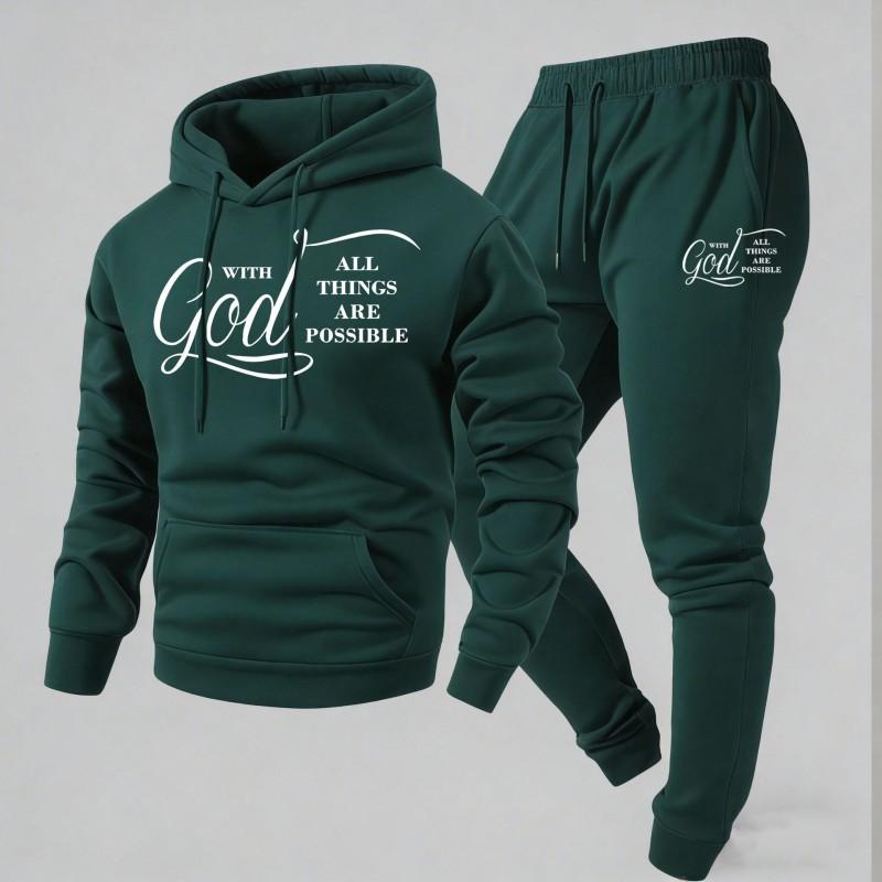 Mens Hooded Letter Print Sweatshirt Jogger Pants Set Fall Casual Two-Piece Outfit