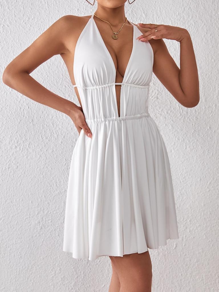 V Neck Mini Halter Dress Sleeveless Solid Dresses Women Causal Dresses