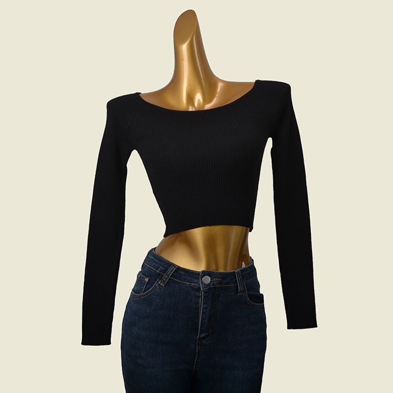 Off-the-Shoulder Sweater Fashion Wind Thread High Elastic Sunken Stripe Early Autumn Inner Bottoming Shirt Silm High Waist Show Belly Tops