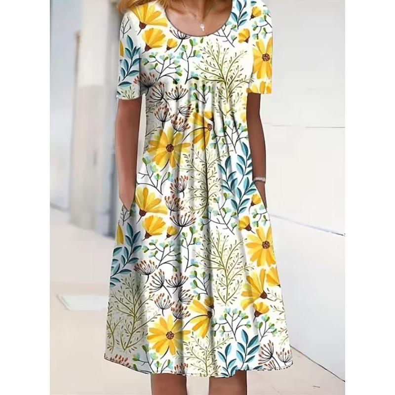 IHUASU Модные летние весенние платья с коротким рукавом и круглым вырезом, повседневные