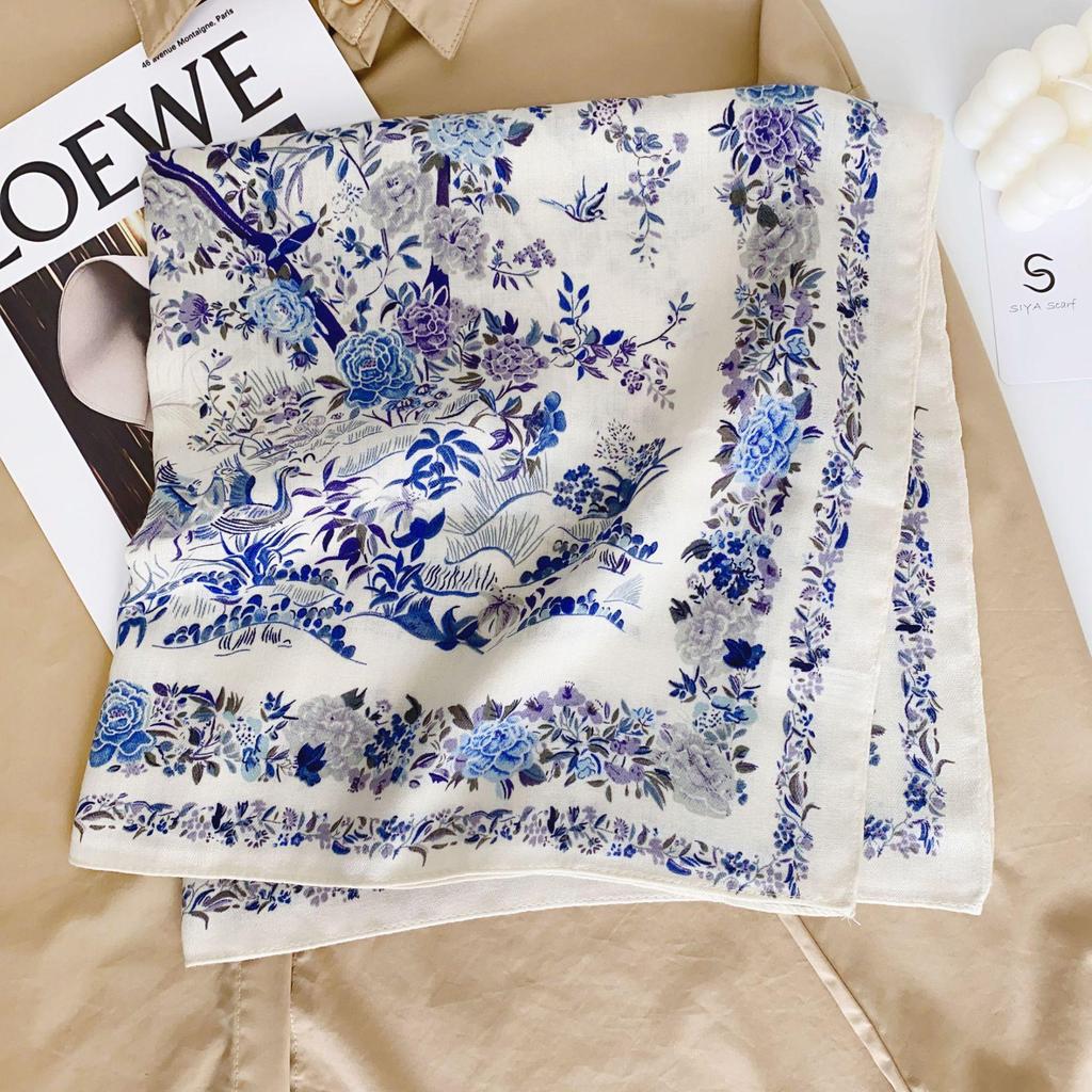 Korean Style Silk Square Scarf with Butterfly & Flower Print - Women's Fashion Accessory, Neck Tie, or Hair Scarf - Ideal Mother's Day Gift